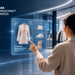 AI-driven shoppingupplevelse i en modern butik där Tata Consultancy Services (TCS) illustrerar hur artificiell intelligens möjliggör personaliserade produktrekommendationer, intelligent omnikanal och framtidens digitala detaljhandel.