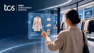 Tekoälyllä toimiva ostokokemus modernissa myymälässä, jossa Tata Consultancy Services (TCS) havainnollistaa, kuinka tekoäly mahdollistaa yksilölliset tuotesuositukset, älykkään monikanavaisuuden ja digitaalisen vähittäiskaupan tulevaisuuden.