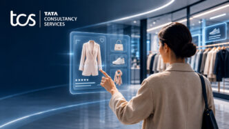 Tekoälyllä toimiva ostokokemus modernissa myymälässä, jossa Tata Consultancy Services (TCS) havainnollistaa, kuinka tekoäly mahdollistaa yksilölliset tuotesuositukset, älykkään monikanavaisuuden ja digitaalisen vähittäiskaupan tulevaisuuden.
