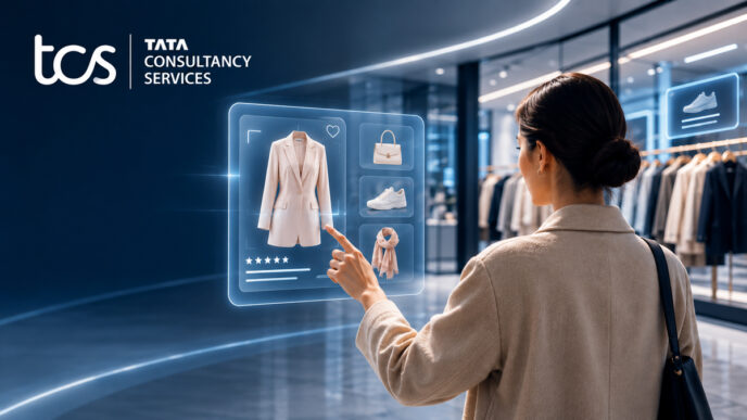 Tekoälyllä toimiva ostokokemus modernissa myymälässä, jossa Tata Consultancy Services (TCS) havainnollistaa, kuinka tekoäly mahdollistaa yksilölliset tuotesuositukset, älykkään monikanavaisuuden ja digitaalisen vähittäiskaupan tulevaisuuden.