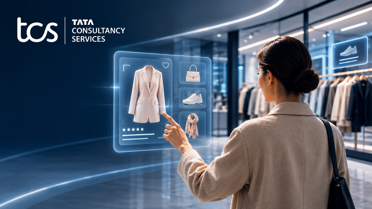 Utblick: Digitalisering – Hur AI omvandlar den moderna shoppingupplevelsen | IT-Branschen AI-driven shoppingupplevelse i en modern butik där Tata Consultancy Services (TCS) illustrerar hur artificiell intelligens möjliggör personaliserade produktrekommendationer, intelligent omnikanal och framtidens digitala detaljhandel.