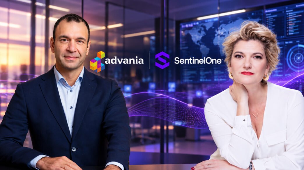 Advania och SentinelOne stärker AI-driven cybersäkerhet. Niklas Chachalatos och Blanca Galletero framför företagens logotyper.