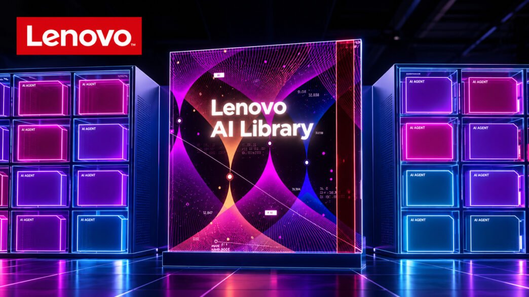 Lenovo AI Library med AI-lösningar för företag, AI-agenter och digital infrastruktur i en futuristisk miljö.