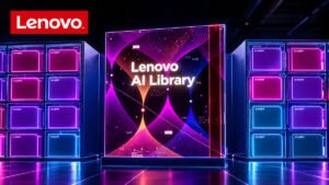 Lenovo AI Library med AI-lösningar för företag, AI-agenter och digital infrastruktur i en futuristisk miljö.