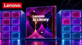 Lenovo AI Library med AI-lösningar för företag, AI-agenter och digital infrastruktur i en futuristisk miljö.
