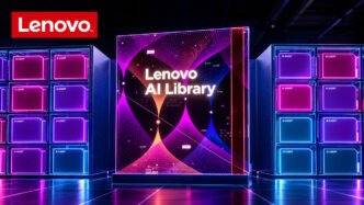 Lenovo AI Library med AI-lösningar för företag, AI-agenter och digital infrastruktur i en futuristisk miljö.