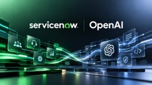 ServiceNow och OpenAI med sammankopplade digitala arbetsflöden och AI-teknik i en futuristisk illustration.