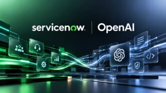 ServiceNow och OpenAI med sammankopplade digitala arbetsflöden och AI-teknik i en futuristisk illustration.