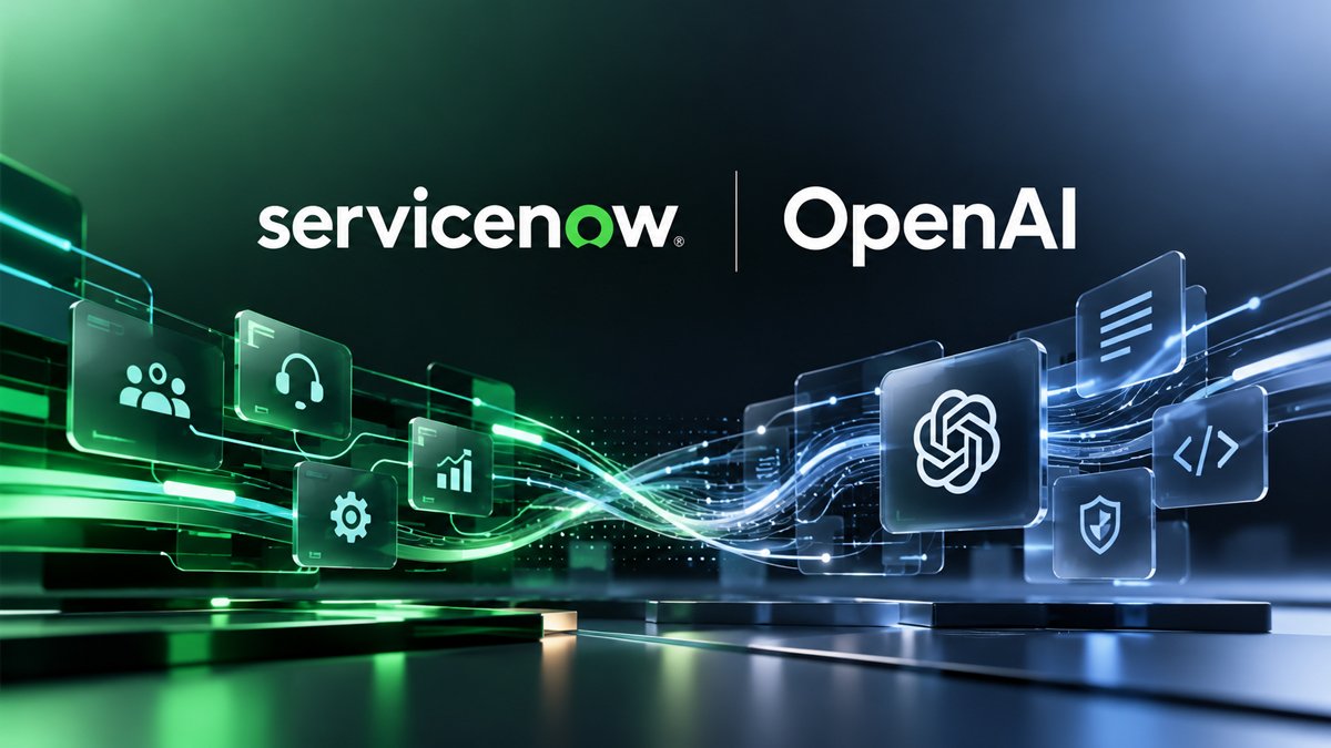 ServiceNow och OpenAI med sammankopplade digitala arbetsflöden och AI-teknik i en futuristisk illustration.